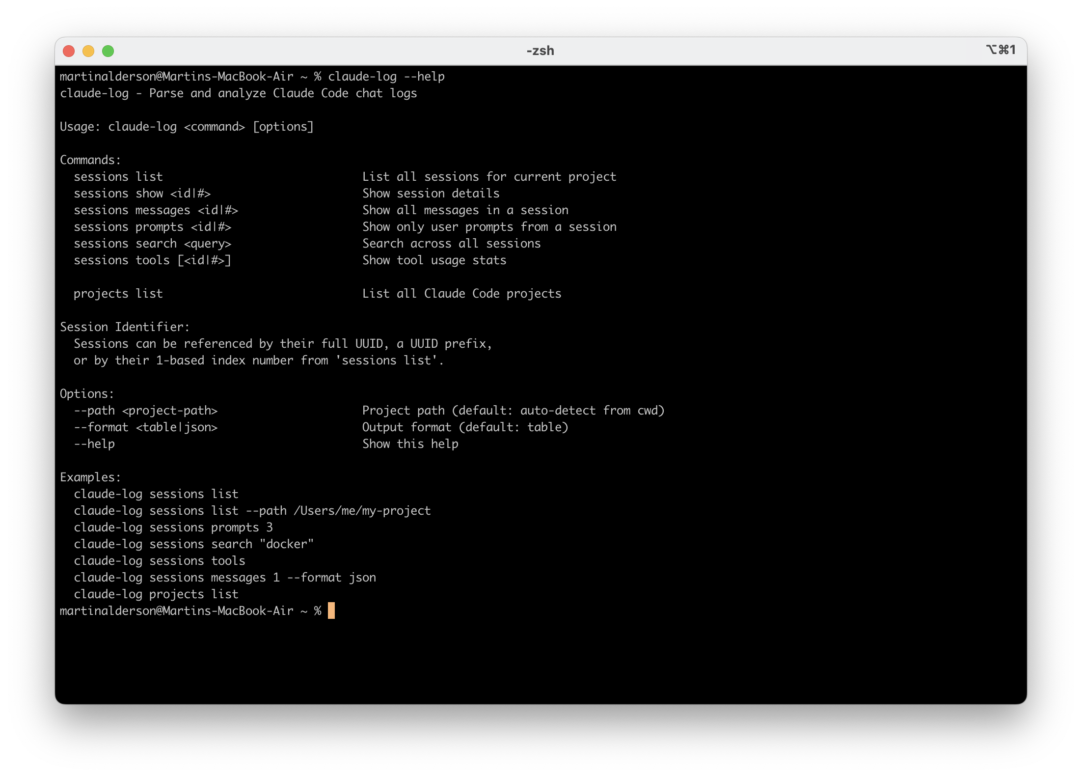 claude-log CLI help output showing commands for parsing and analysing Claude Code chat logs