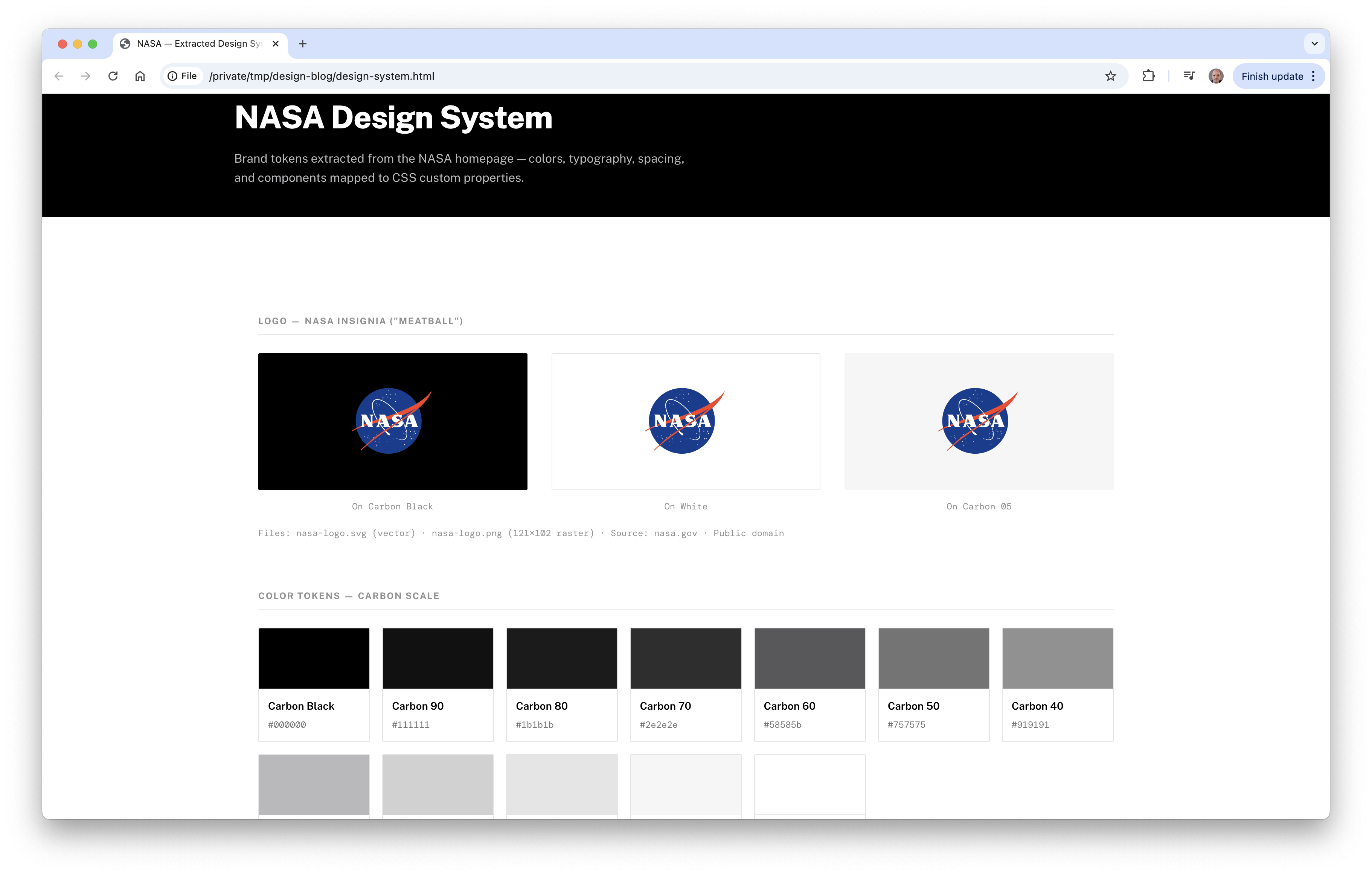 Design system HTML reference sheet extracted from NASA website