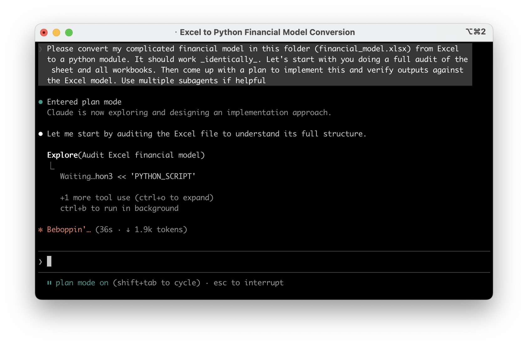 Claude Code auditing an Excel financial model in plan mode