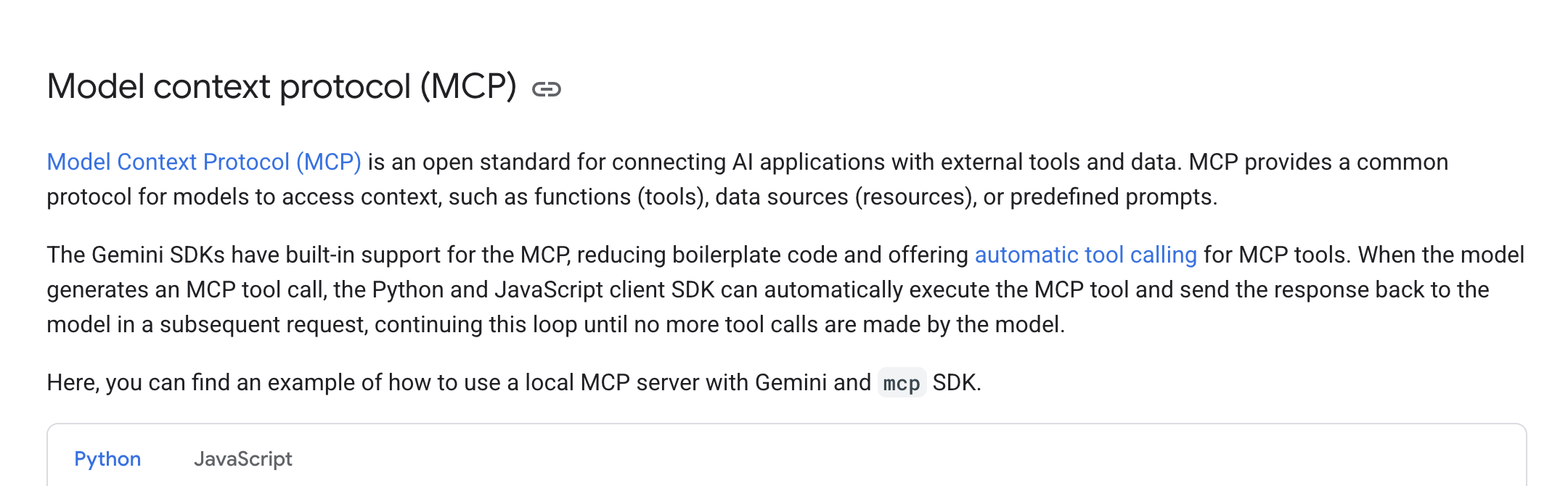 Gemini MCP documentation showing limited support