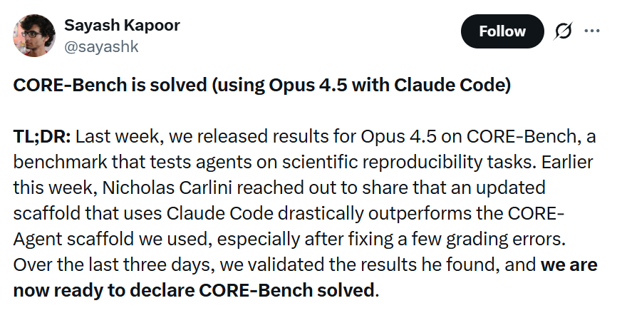 Opus 4.5 + Claude Code effectively solving the HAL benchmark