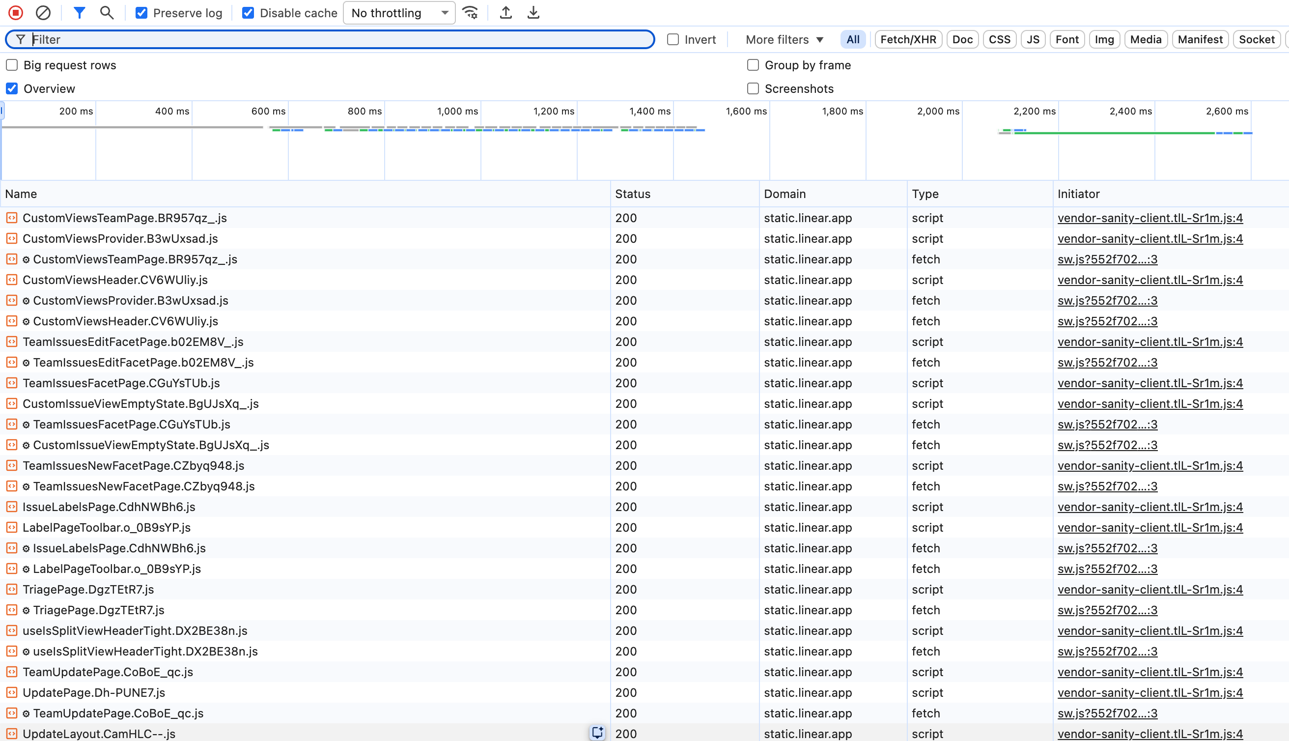 Chrome DevTools network tab showing Linear's network requests