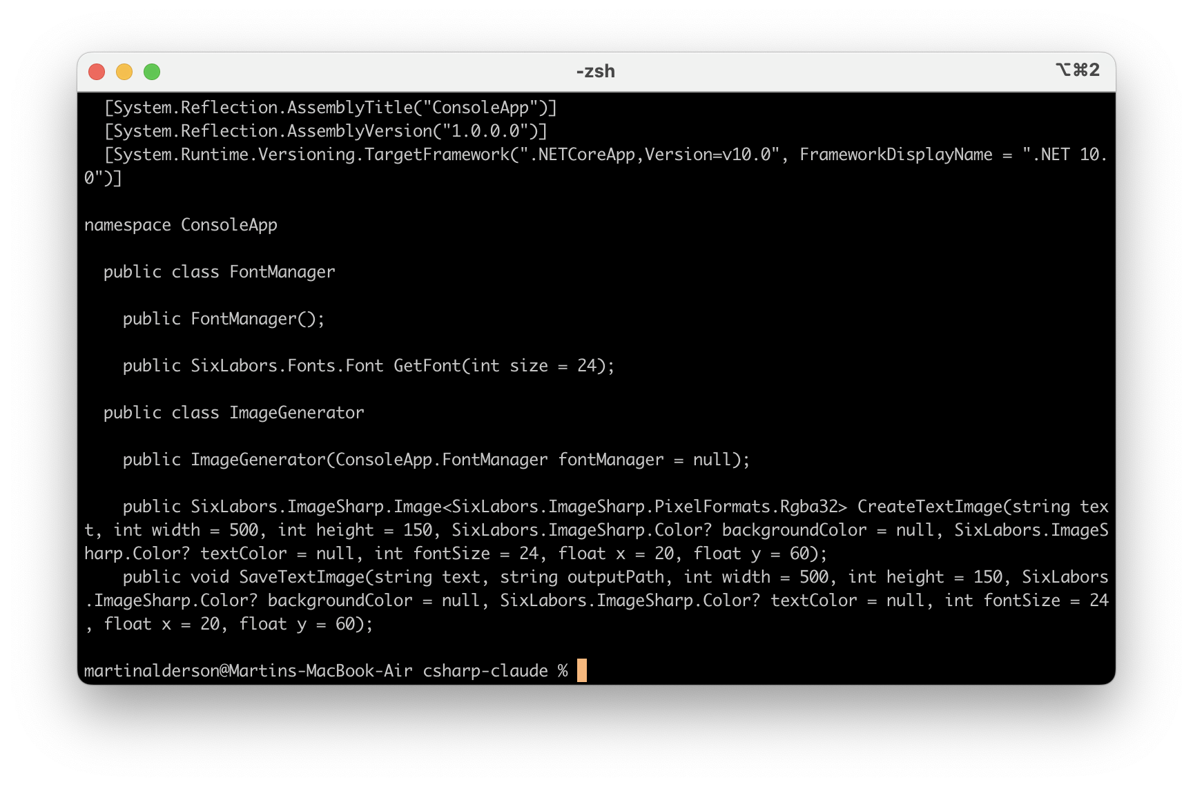 Roslynator API output showing method signatures and types