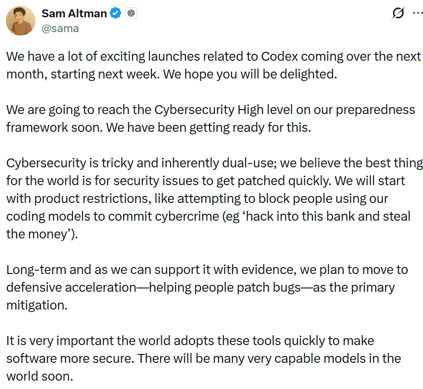 Sam Altman tweet about AI defensive capabilities